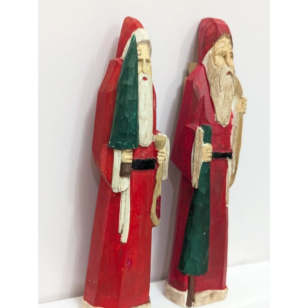 MIDWEST CANNON FALLS Carved Wooden Santa Set of 2 Folk Art Primitive Christmas